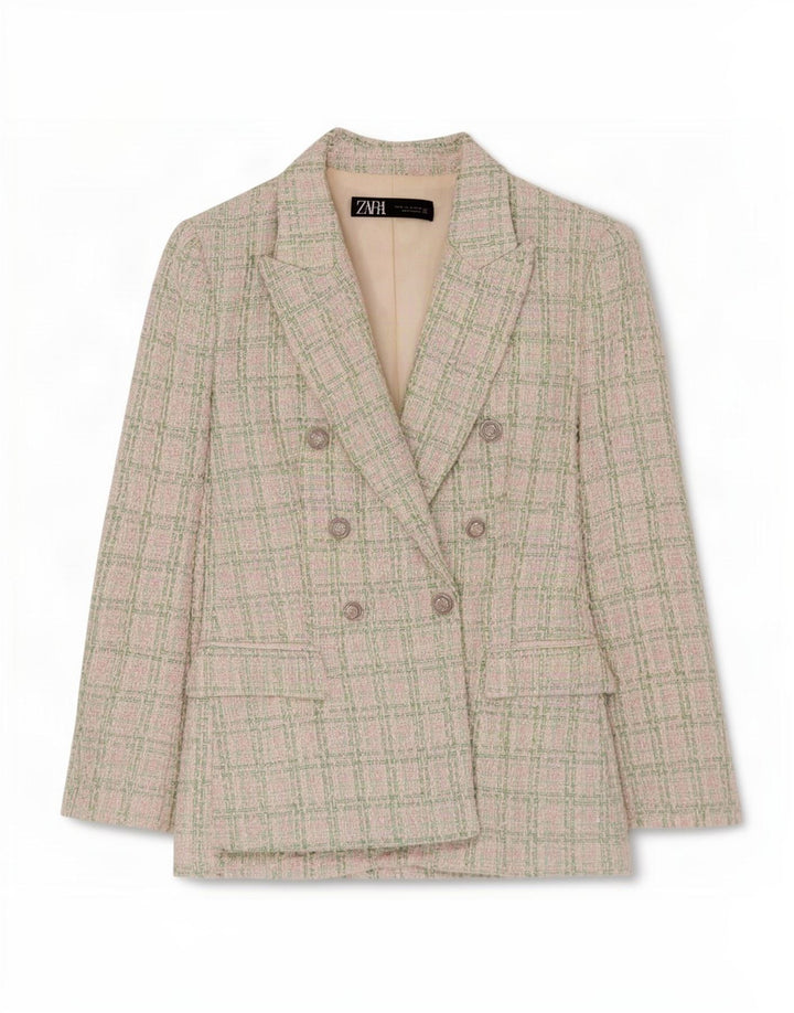 Zweireihiger Blazer für Damen von Zara, Gr. 12, mittelgrün kariert