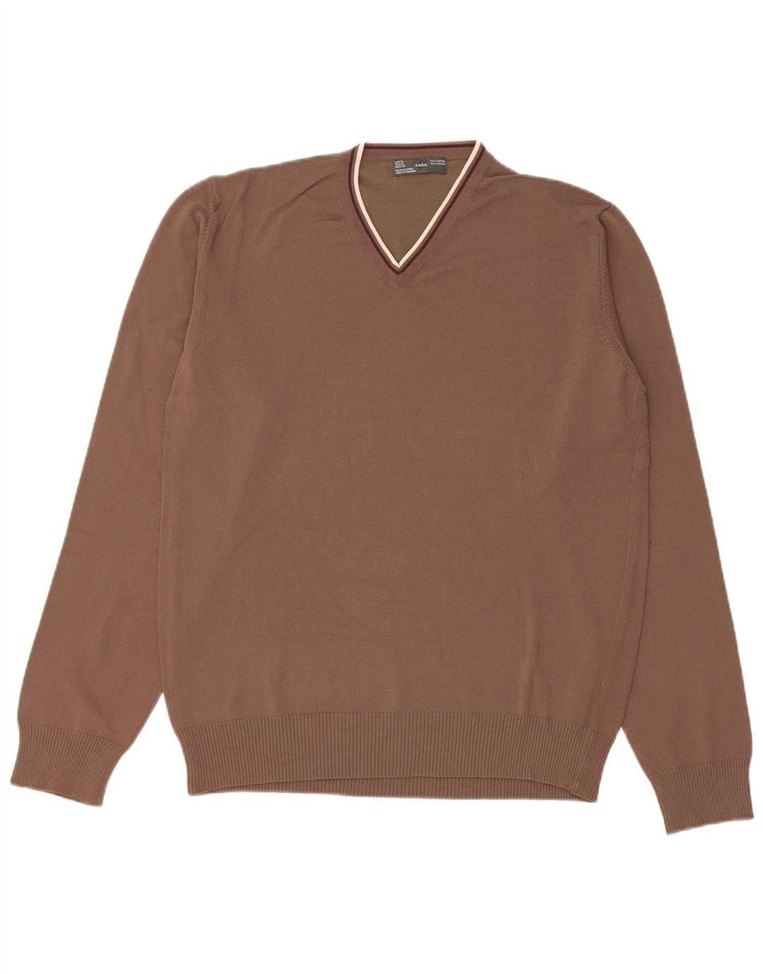 Zara Herren-Pullover mit V-Ausschnitt, Mittelbraun, Viskose