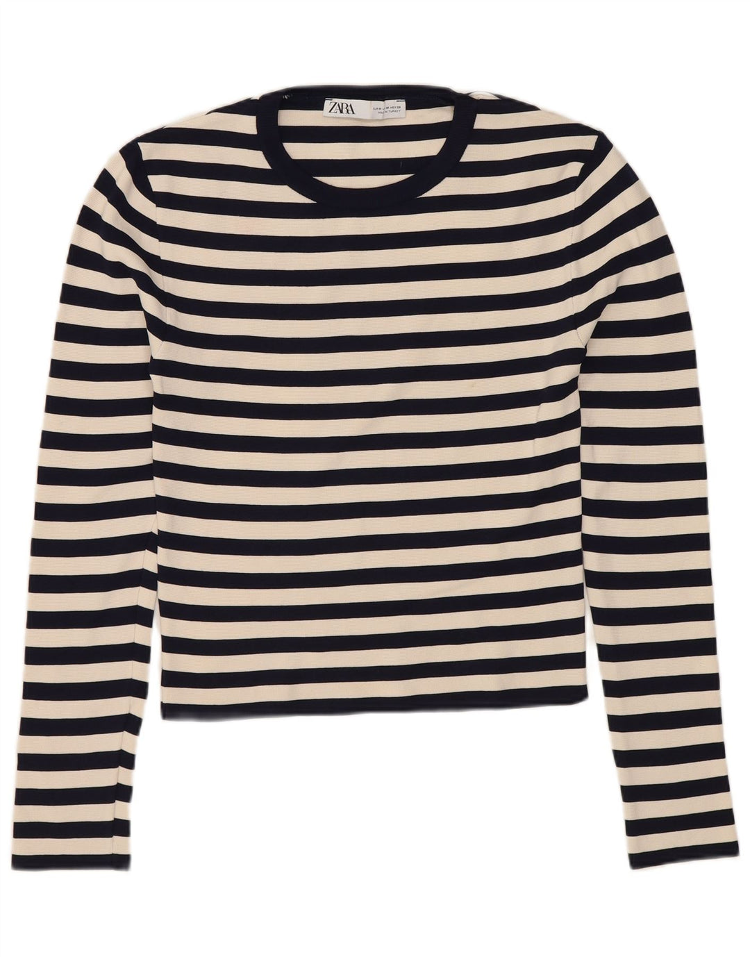 ZARA Damen Crop Top Langarm UK 12 Medium Marineblau gestreift Polyamid