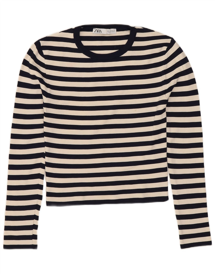 ZARA Damen Crop Top Langarm UK 12 Medium Marineblau gestreift Polyamid