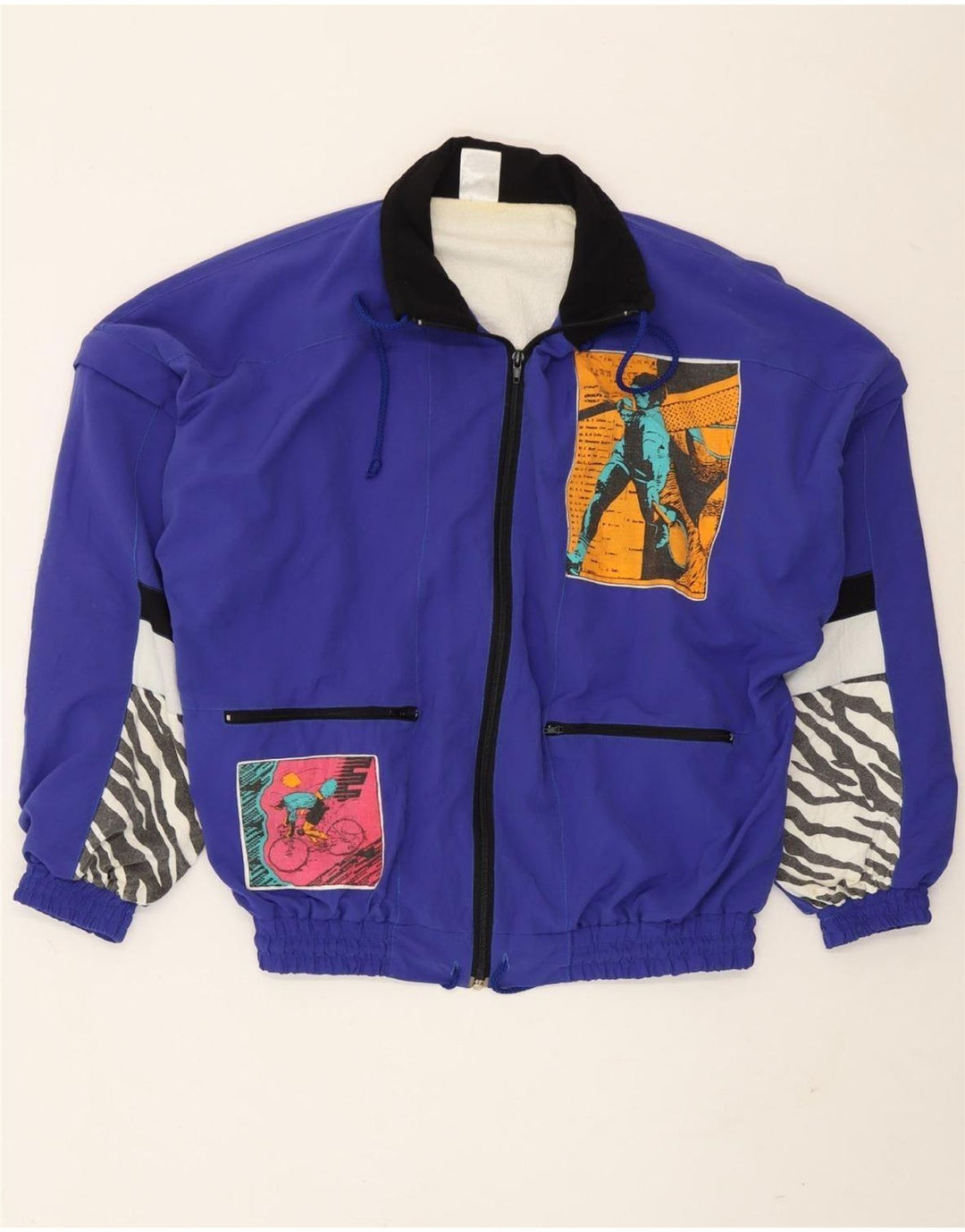 Vintage Herren-Trainingsanzug mit grafischem Oberteil, Mittelblaues Patchwork-Polyamid