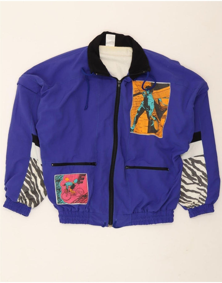 Vintage Herren-Trainingsanzug mit grafischem Oberteil, Mittelblaues Patchwork-Polyamid