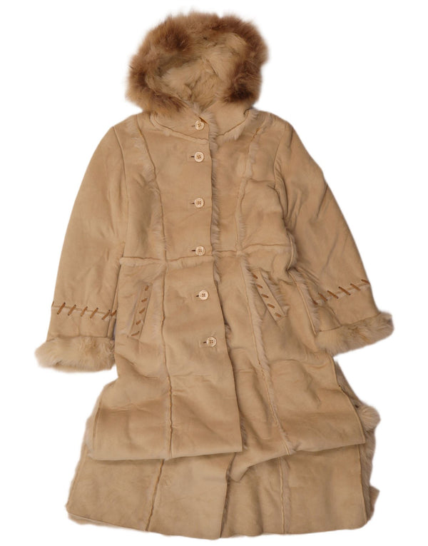 VINTAGE Sherpa-Mantel mit Kapuze für Damen, UK 14, Mittelbeige, Acryl