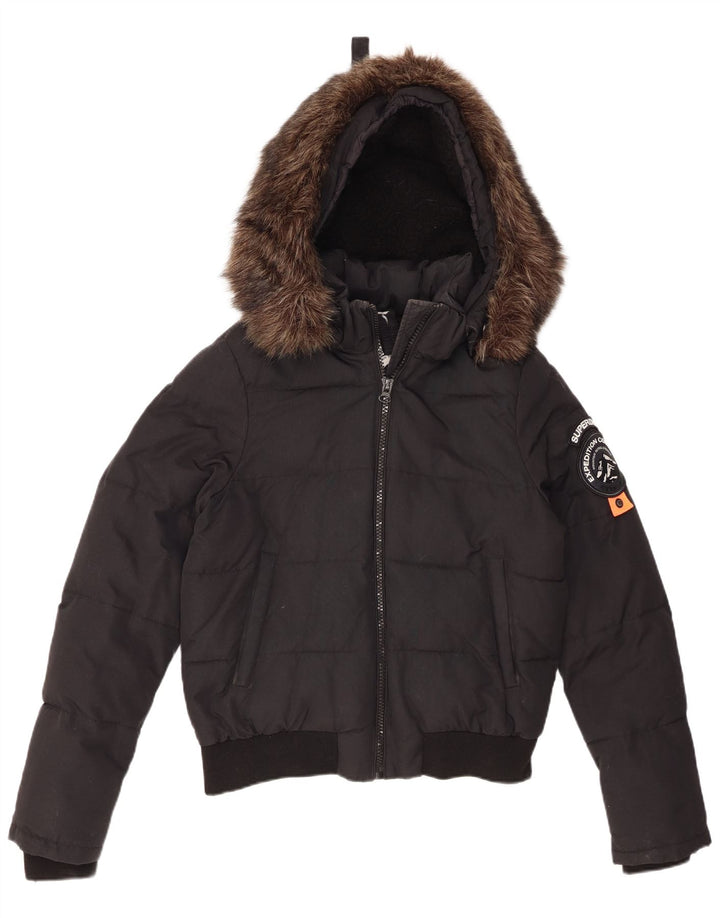 Superdry Wattierte Damenjacke mit Kapuze, UK 14, Größe L, schwarzes Nylon