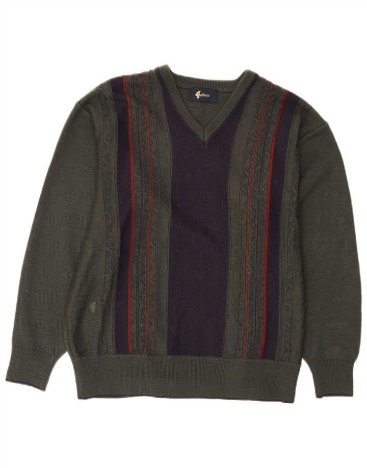 Gabicci Herren-Pullover mit V-Ausschnitt, mittlerer Khaki-Farbblock-Wolle