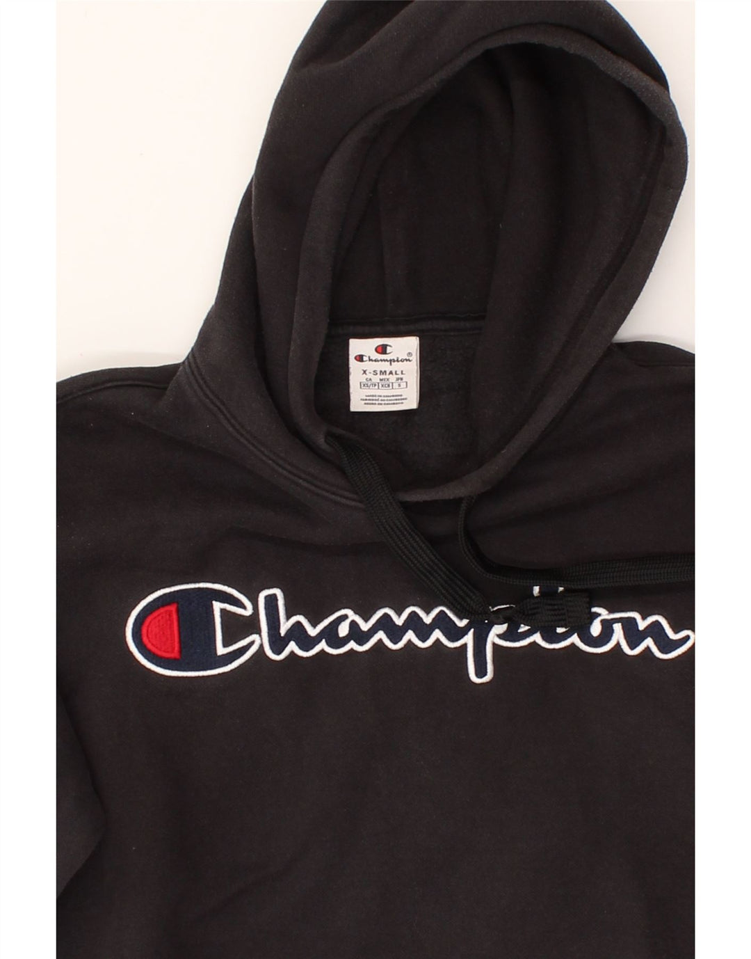 CHAMPION Mens Graphic Hoodie Jumper XS Black Vintage Champion and Second-Hand Champion from Messina Hembry 