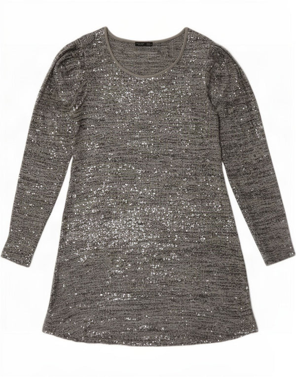 Zara Damen Langarm-Pulloverkleid UK 12 Mittelgrau geflecktes Acryl