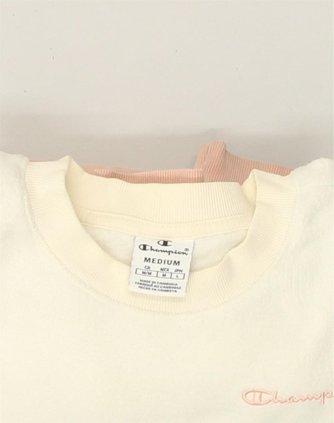 CHAMPION Womens Loose Fit Sweatshirt Jumper UK 14 Medium Beige Colourblock | Vintage Champion | Thrift | Second-Hand Champion | Used Clothing | Messina Hembry 