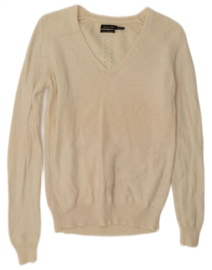 Massimo Dutti Damen-Pullover mit V-Ausschnitt, UK 14, mittlerer, cremefarbener Kaschmir