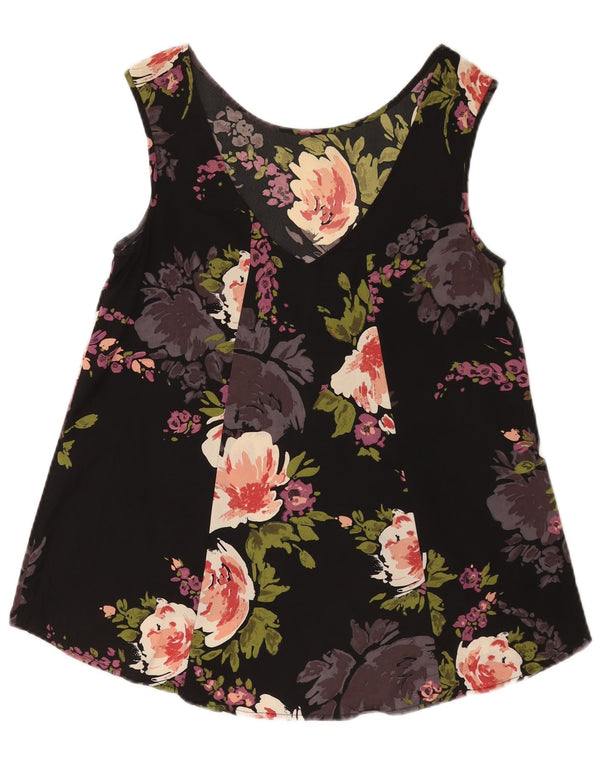 Vintage Damen Crop Ärmelloses Blusentop UK 10 Small Black Floral