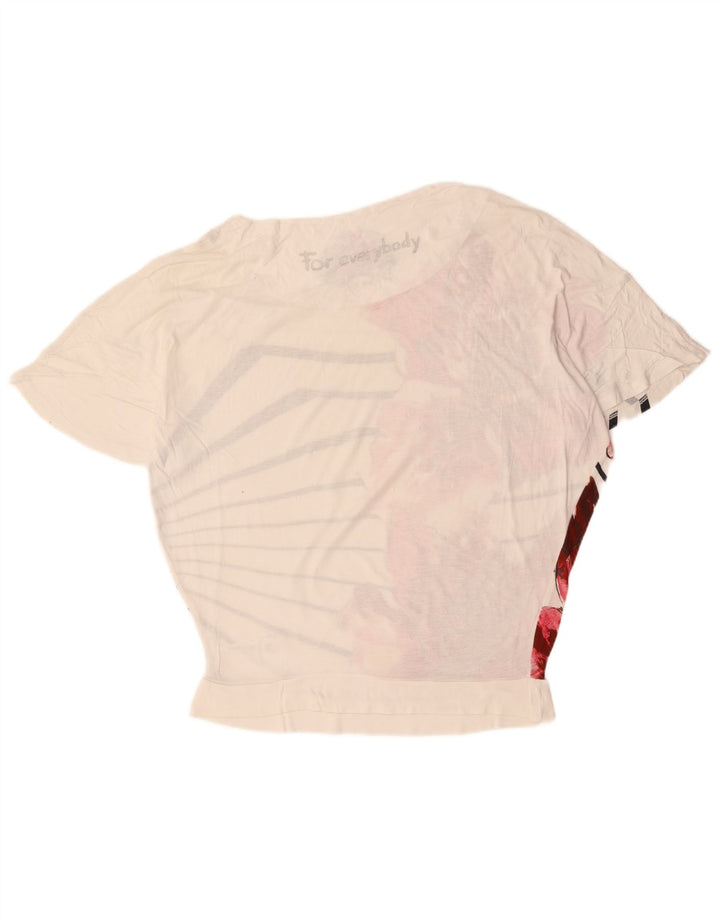 DESIGUAL Damen Grafik-T-Shirt-Oberteil UK 16 Große weiße Baumwolle mit Blumenmuster