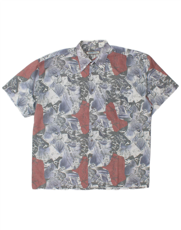 VINTAGE Herren-Grafik-Kurzarmhemd, großes blaues Farbblock-Polyester