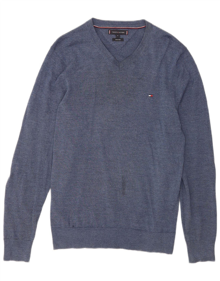 Tommy Hilfiger Herren-Pullover mit V-Ausschnitt aus mittelblauer Merinowolle