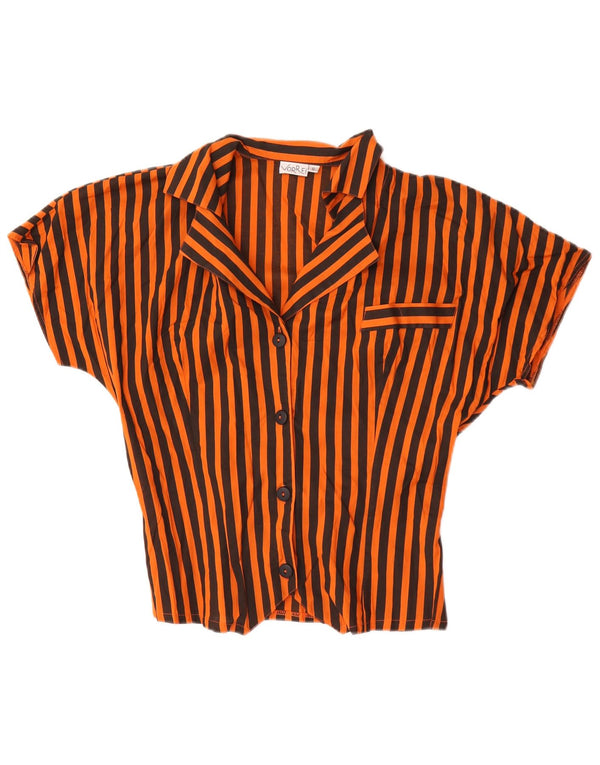 Vintage Damen Kurzarm-Hemdbluse UK 10 Kleine orange gestreifte Baumwolle