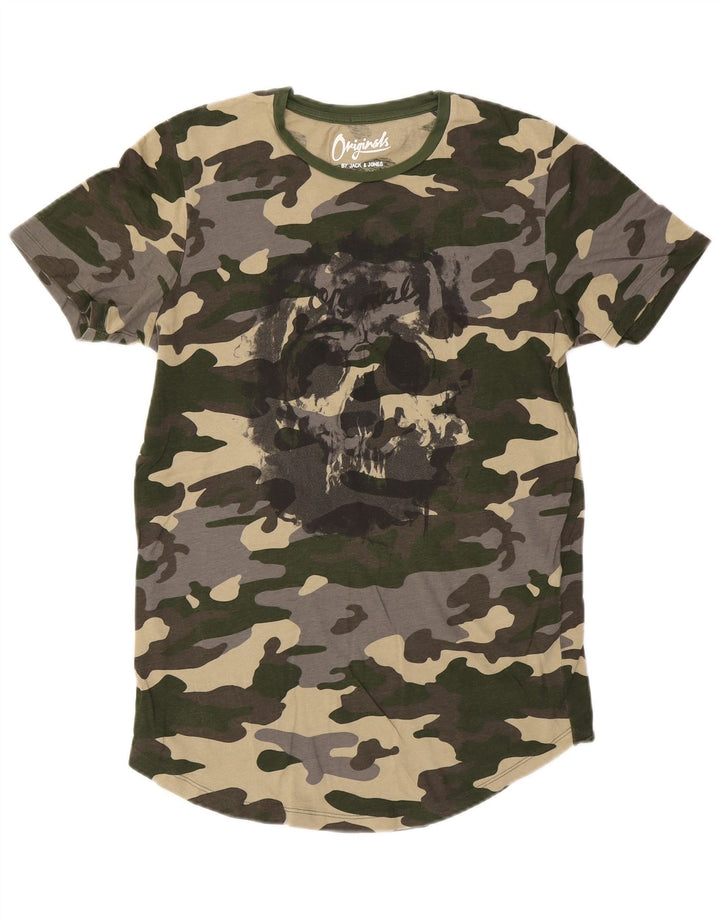 Jack & Jones Herren Grafik-T-Shirt-Oberteil aus mittelgrüner Camouflage-Baumwolle