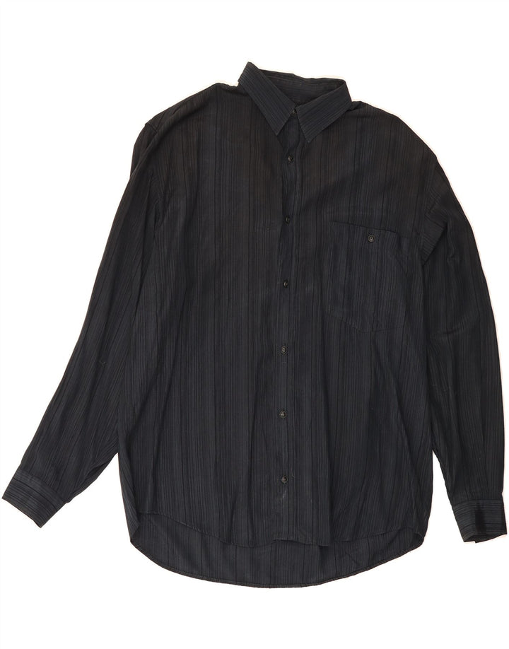 WAMPUM Mens Shirt Large Navy Blue Striped Polyester Vintage Wampum and Second-Hand Wampum from Messina Hembry 