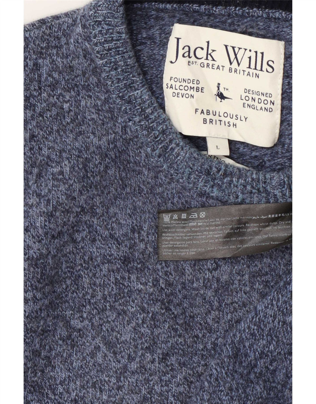 Jack Wills Herren-Pullover mit Rundhalsausschnitt, groß, blau gesprenkelte Wolle