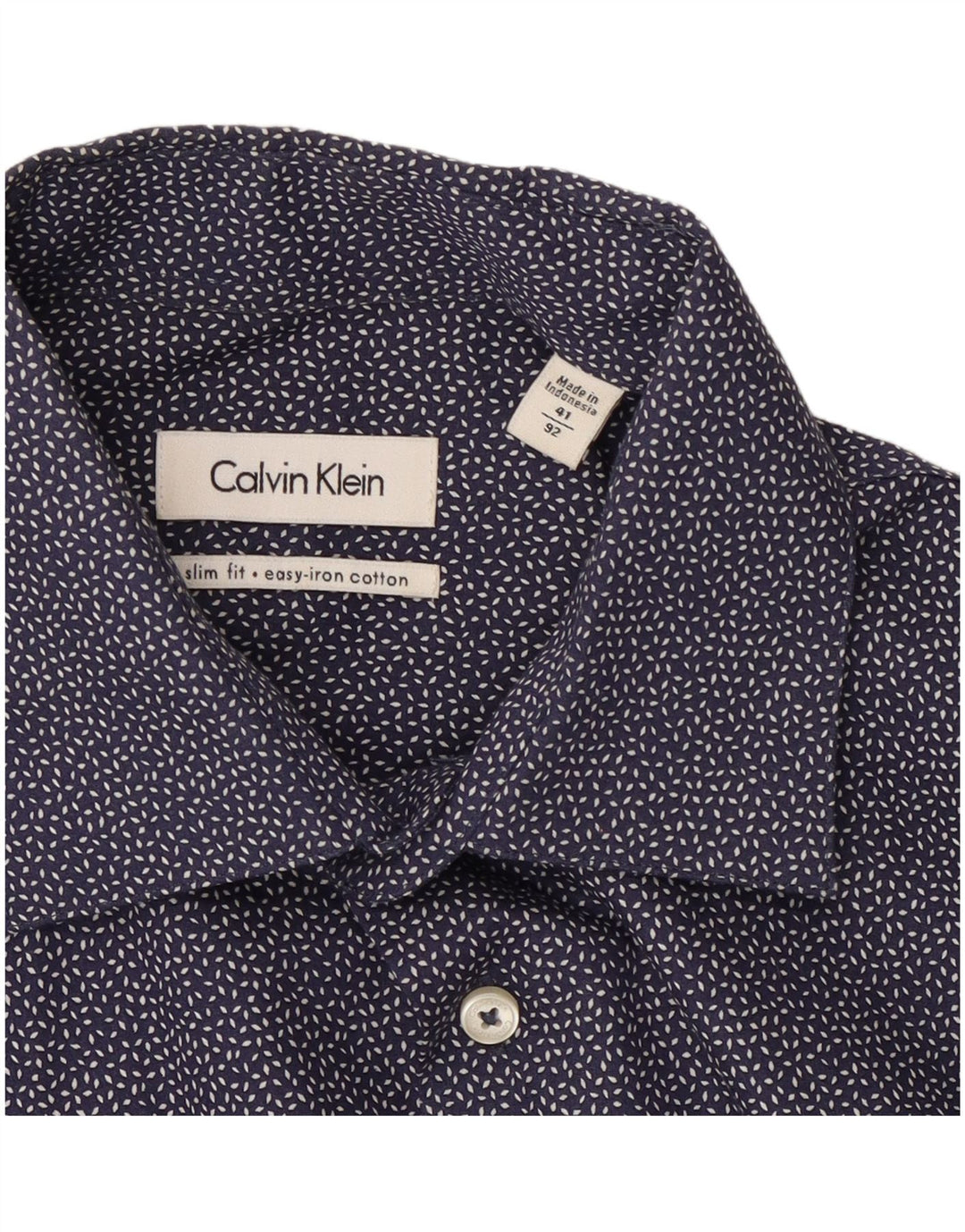 Calvin Klein Herren-Slim-Fit-Hemd, Größe 41, groß, marineblau gefleckte Baumwolle