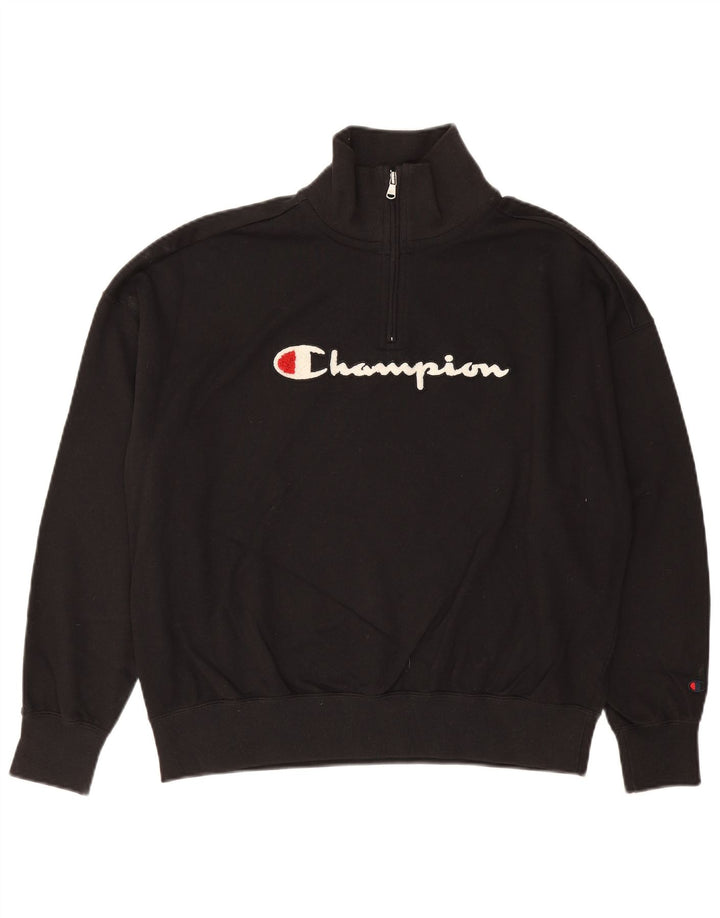 CHAMPION Womens Graphic Zip Neck Sweatshirt Jumper UK 10 Small Black