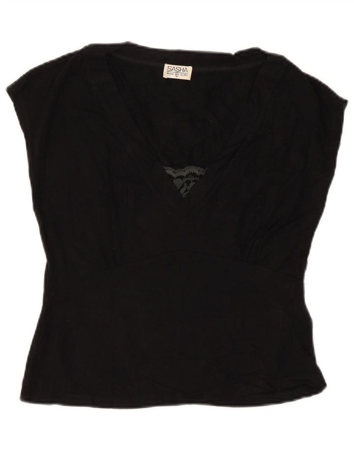 SASHA Damen Crop Bluse Top UK 12 Mittelschwarze Viskose