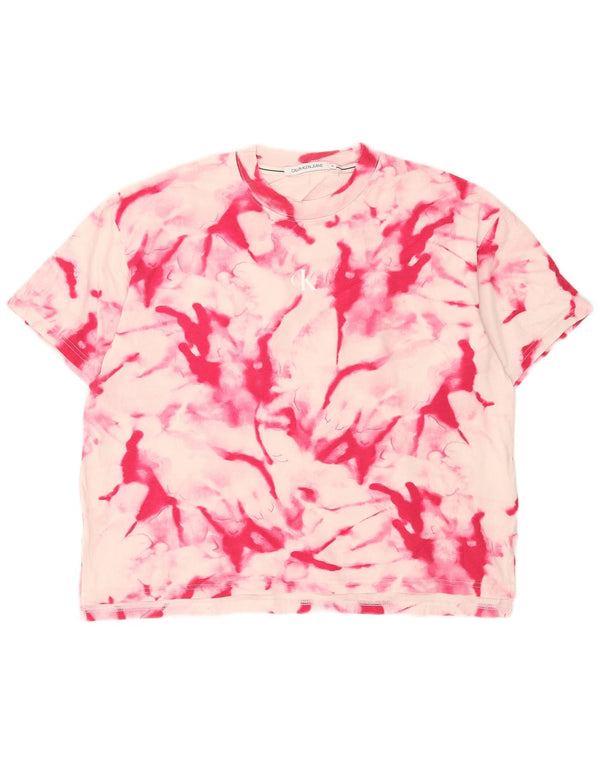 Calvin Klein Jeans Damen Grafik-T-Shirt-Oberteil UK 14 Mittelrosa Batikfärbung