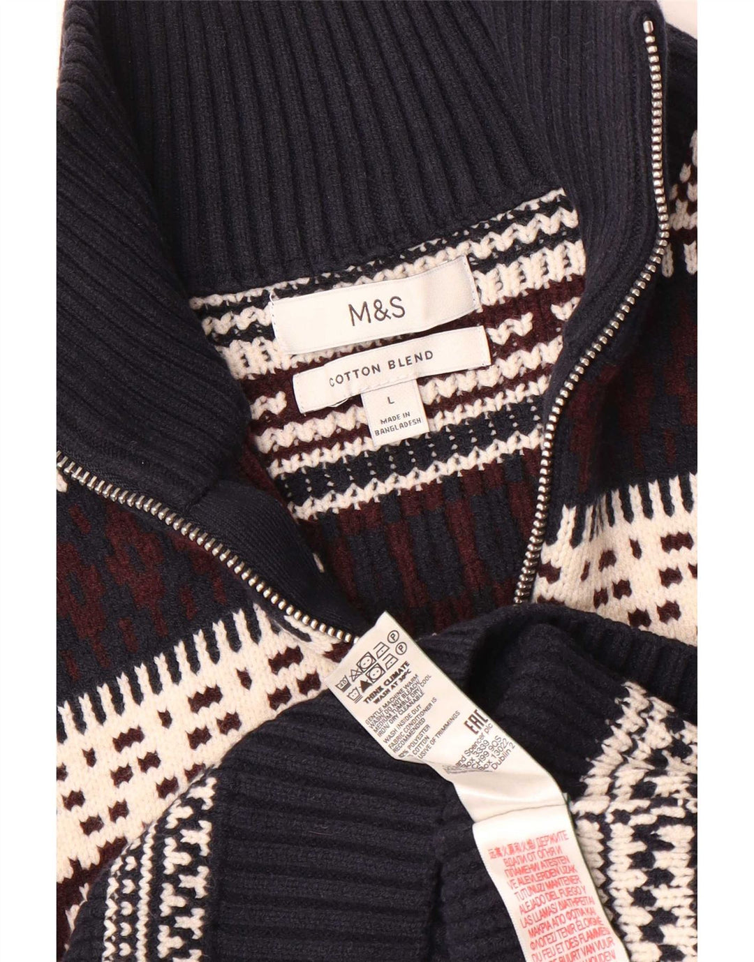 Marks & Spencer Herren-Pullover mit Reißverschluss am Hals, groß, Marineblau, Fair-Isle-Muster