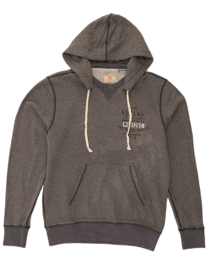Replay Herren-Kapuzenpullover mit Grafik, groß, graue Baumwolle