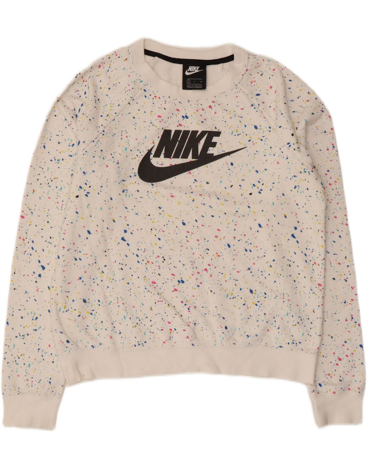 Nike Womens Graphic Oversized Sweatshirt Pullover UK 10 Small Weiß Gefleckt