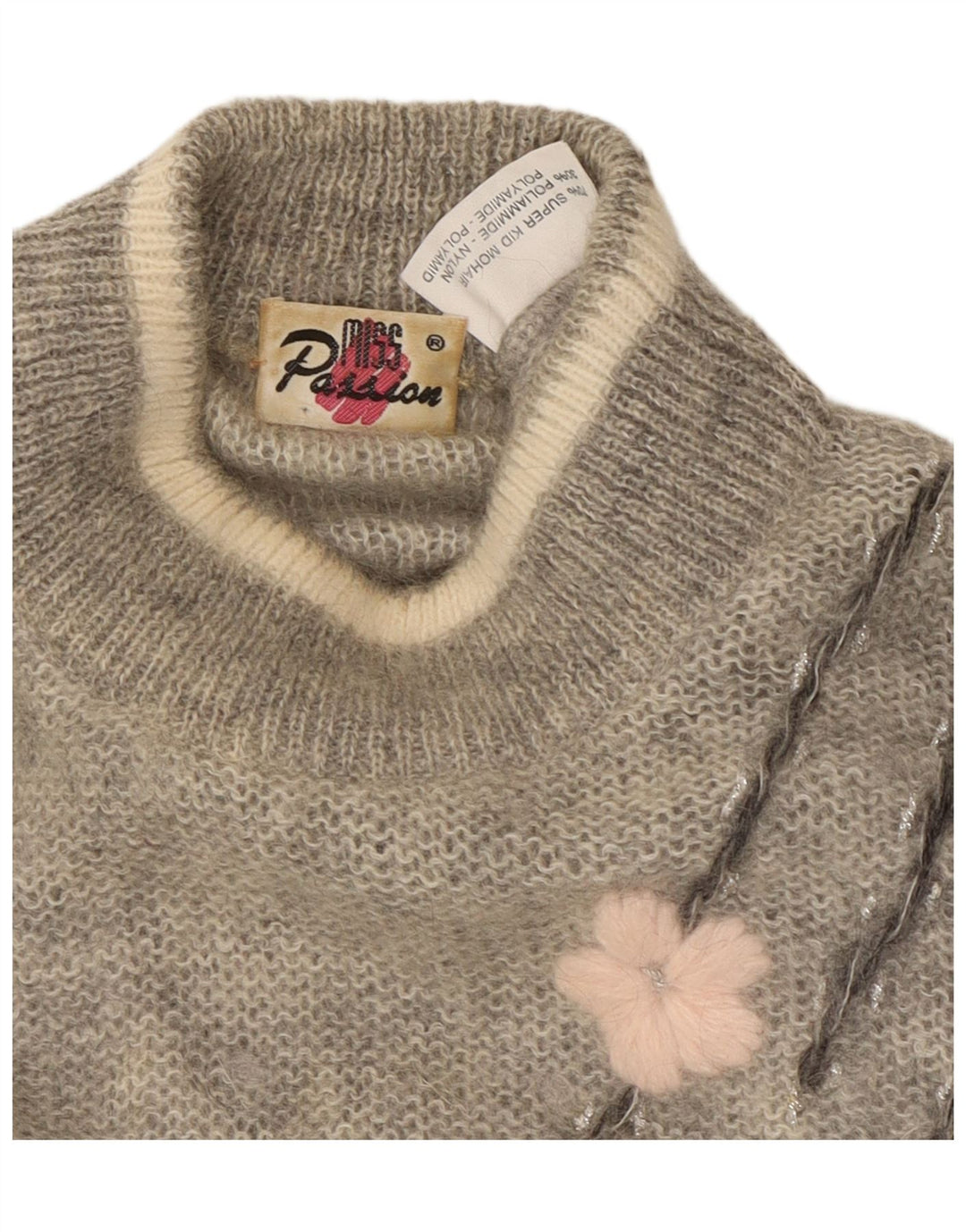 VINTAGE Damen Rollkragenpullover Pullover UK 18 XL Grau geblümtes Mohair