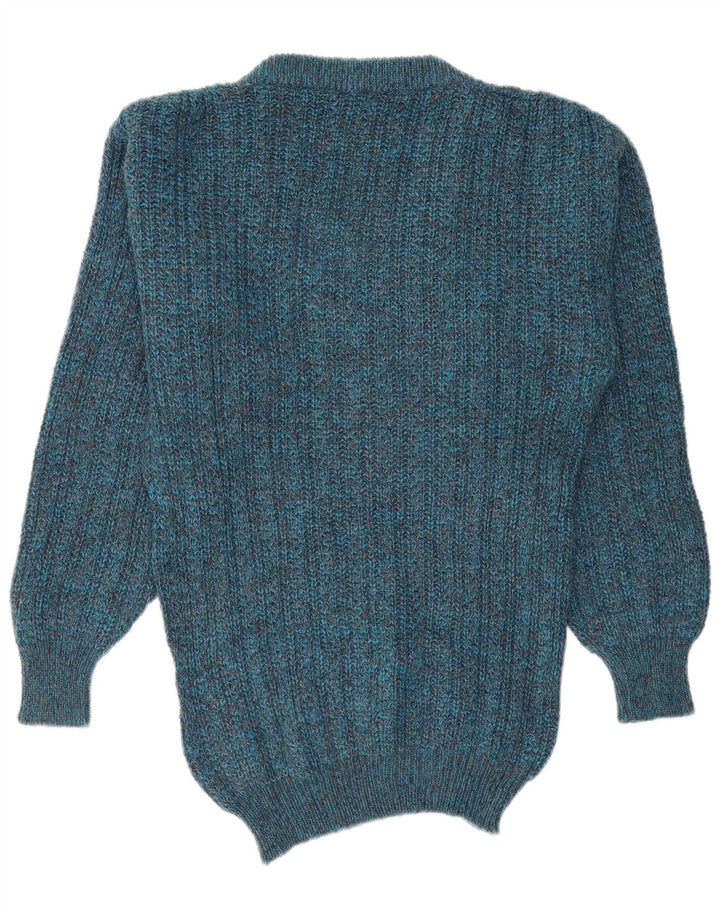 Vintage Herren-Pullover mit normaler Passform, V-Ausschnitt, mittelblau gefleckte Wolle
