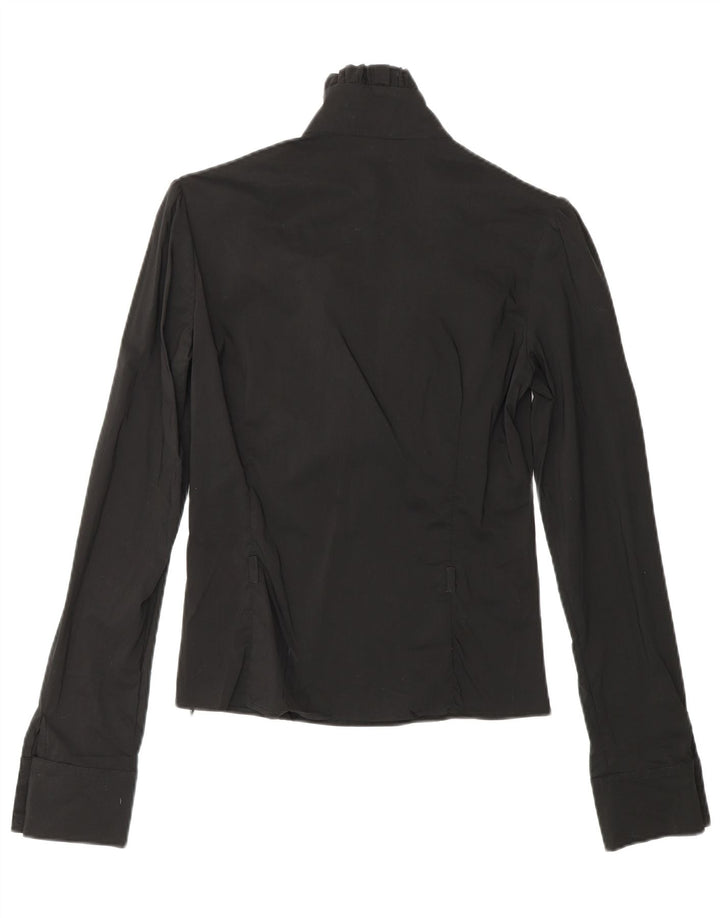 COVERI Damen-Langarm-Blusenoberteil mit Rüschen vorne, UK 10, Größe S, schwarzes Nylon