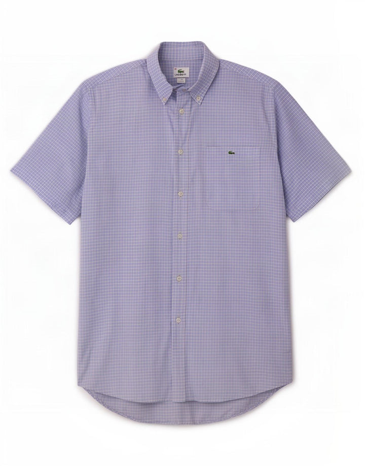 Lacoste Herren-Kurzarmhemd, Größe 40, mittelblau karierte Baumwolle