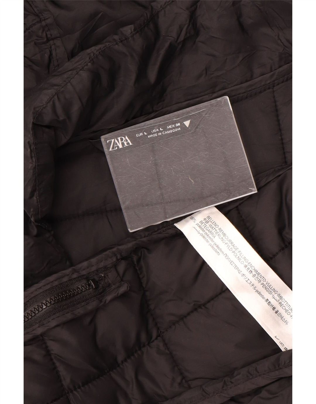 ZARA Wattierter Damenmantel mit Kapuze, UK 16, Größe L, Schwarz, Polyester
