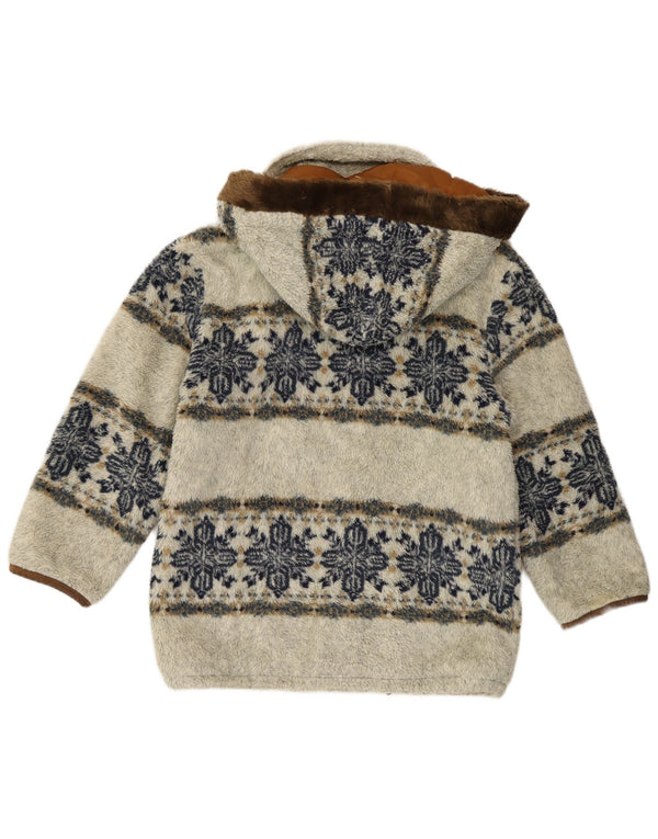 Vintage Damen Dufflecoat aus Kunstfell mit Kapuze, UK 14, Mittelgrau, Fair Isle