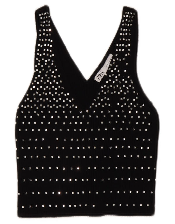 Zara Damen Ärmelloses Crop Top UK 12 Medium Schwarz Gepunktet