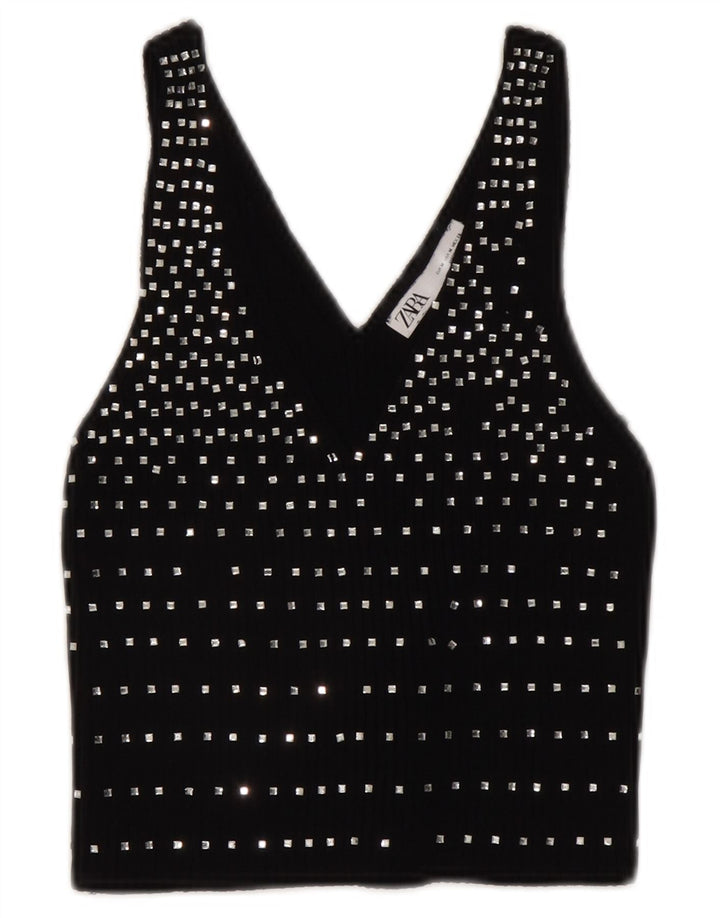 Zara Damen Ärmelloses Crop Top UK 12 Medium Schwarz Gepunktet