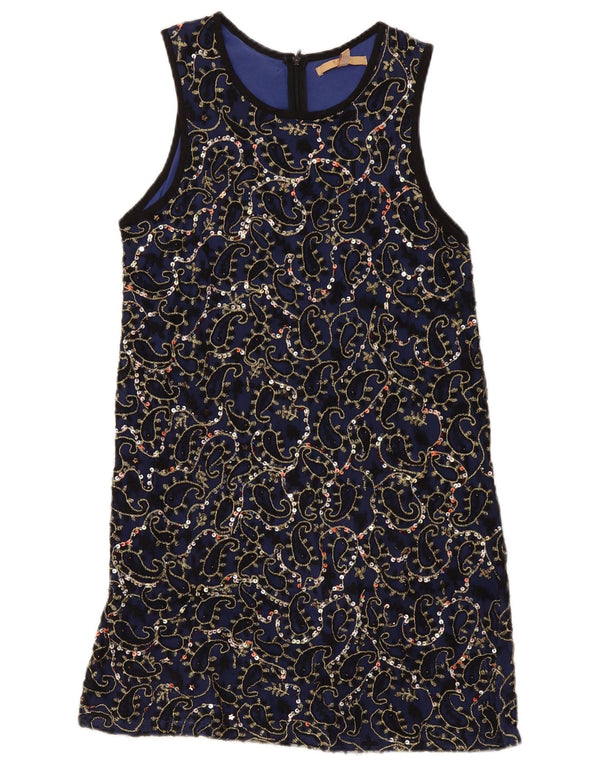 Zara Damen Trafaluc ärmelloses Etuikleid UK 12 Medium Navy Blue Paisley