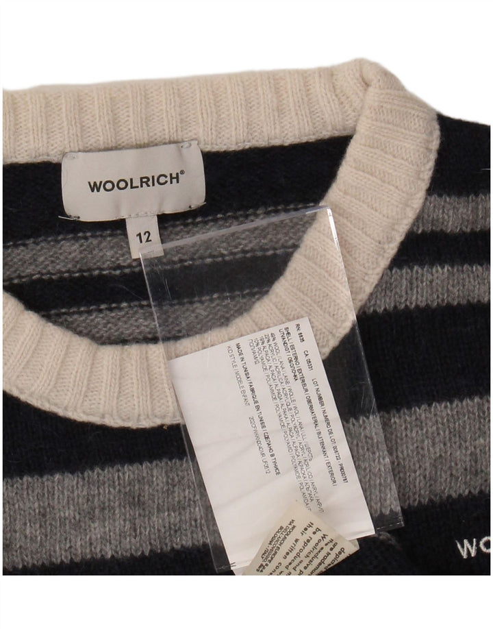 WOOLRICH Jungen-Pullover mit Rundhalsausschnitt, 11–12 Jahre, schwarz gestreifte Wolle
