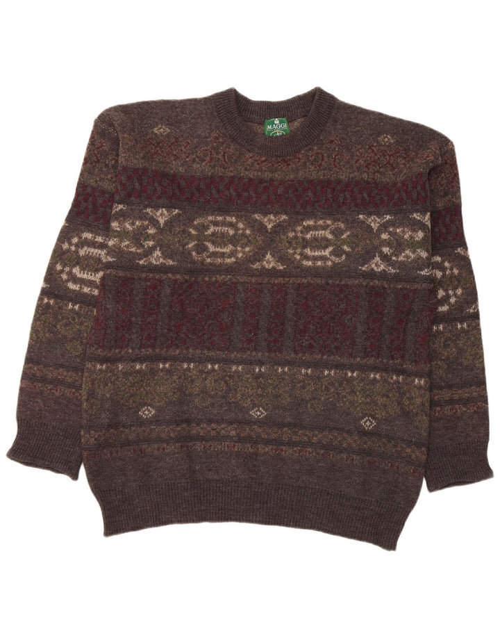 Vintage Herren-Pullover mit Rundhalsausschnitt, groß, graue Fair-Isle-Wolle