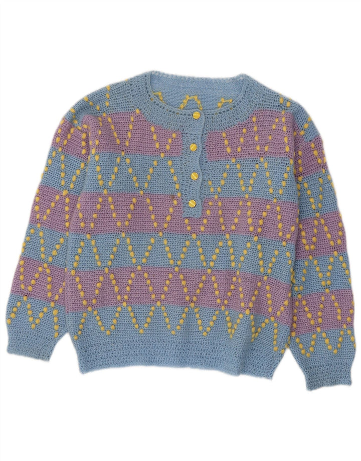 VINTAGE Damen-Pullover mit Knopfkragen, UK 12, Mittelblau gestreift