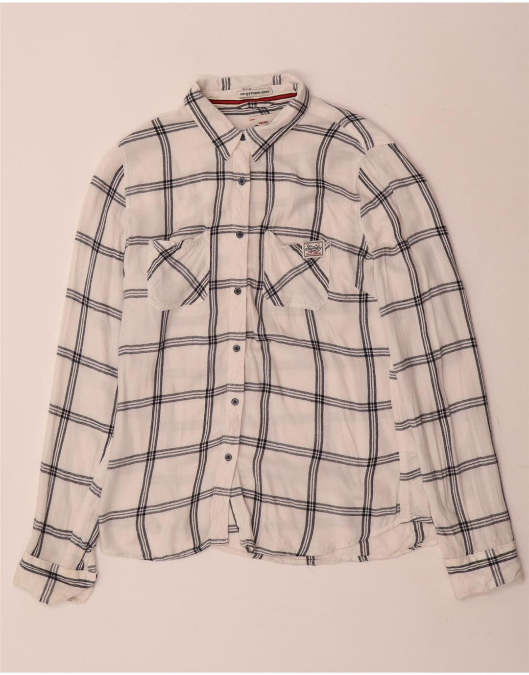 Superdry Damen Boyfriend-Flanellhemd UK 14 Mittelweiß karierte Viskose