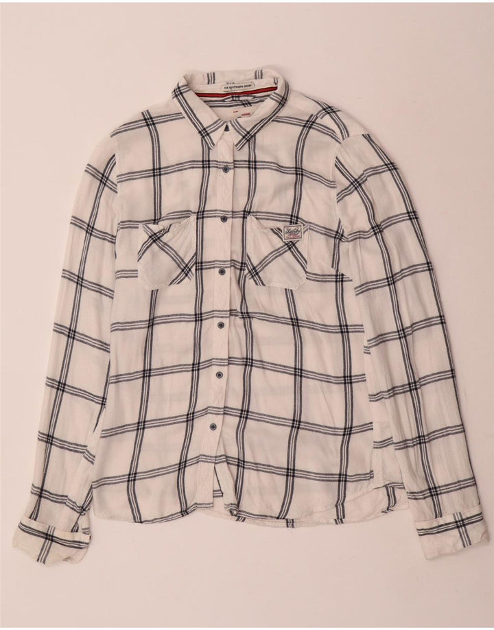 Superdry Damen Boyfriend-Flanellhemd UK 14 Mittelweiß karierte Viskose