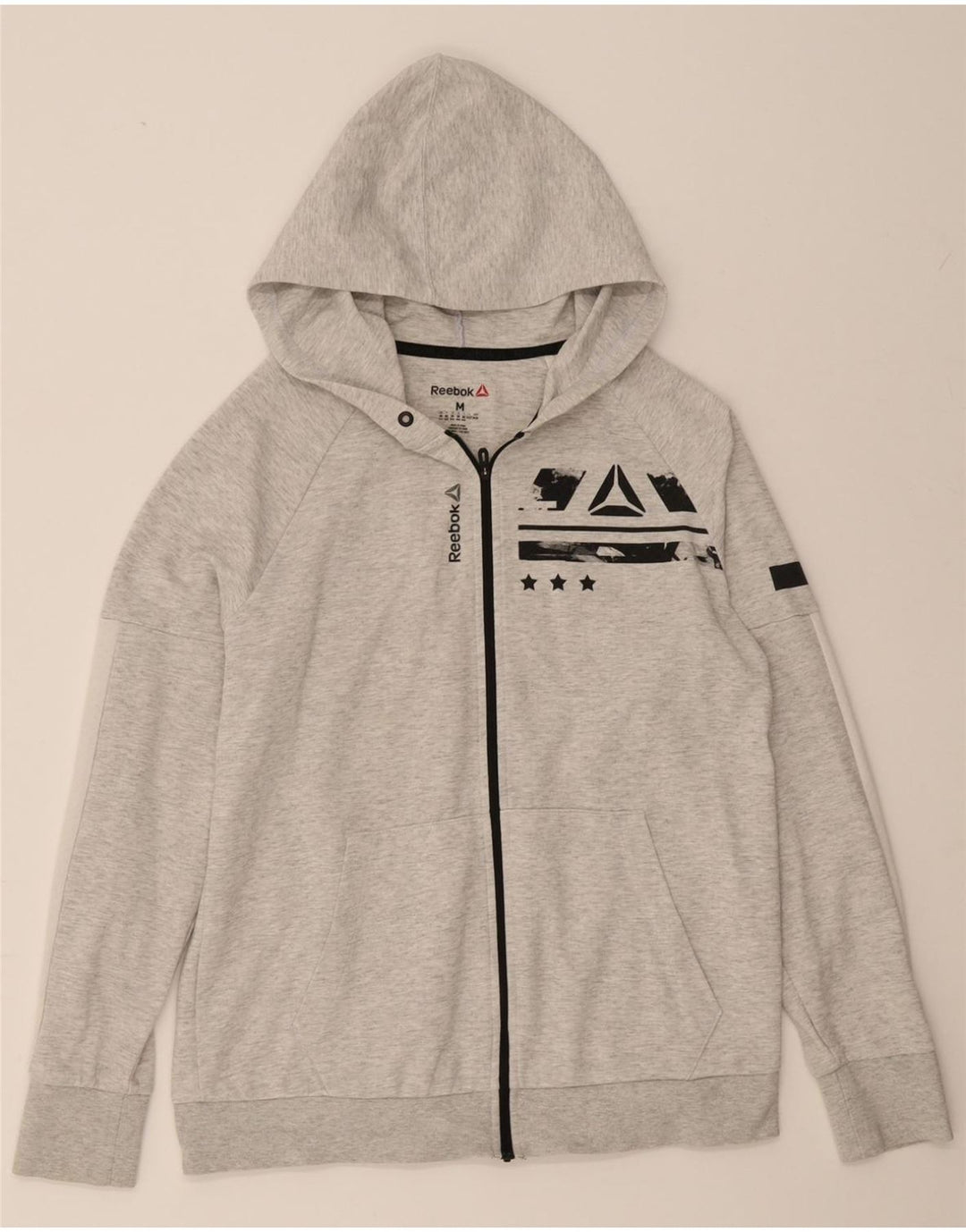 REEBOK Womens Graphic Zip Hoodie Sweater UK 12/14 Medium Grey Vintage Reebok and Second-Hand Reebok from Messina Hembry 