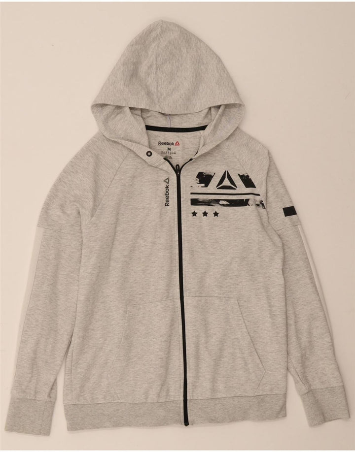 REEBOK Womens Graphic Zip Hoodie Sweater UK 12/14 Medium Grey Vintage Reebok and Second-Hand Reebok from Messina Hembry 