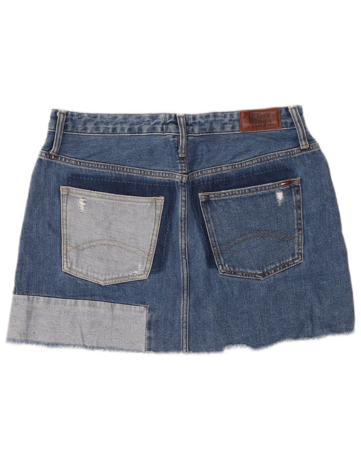 Tommy Hilfiger Damen-Mini-Jeansrock, groß, W32, blaue Patchwork-Baumwolle