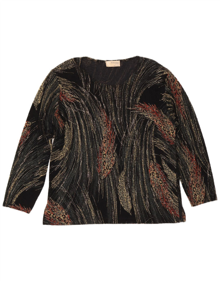Vintage Damen Top mit abstraktem Muster, langärmelig, UK 16, große schwarze Viskose