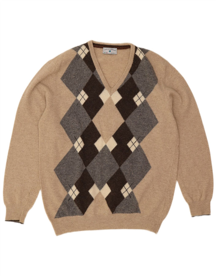 Melaverde Herren-Pullover mit V-Ausschnitt, 2XL, Beige Argyle/Diamond Wool