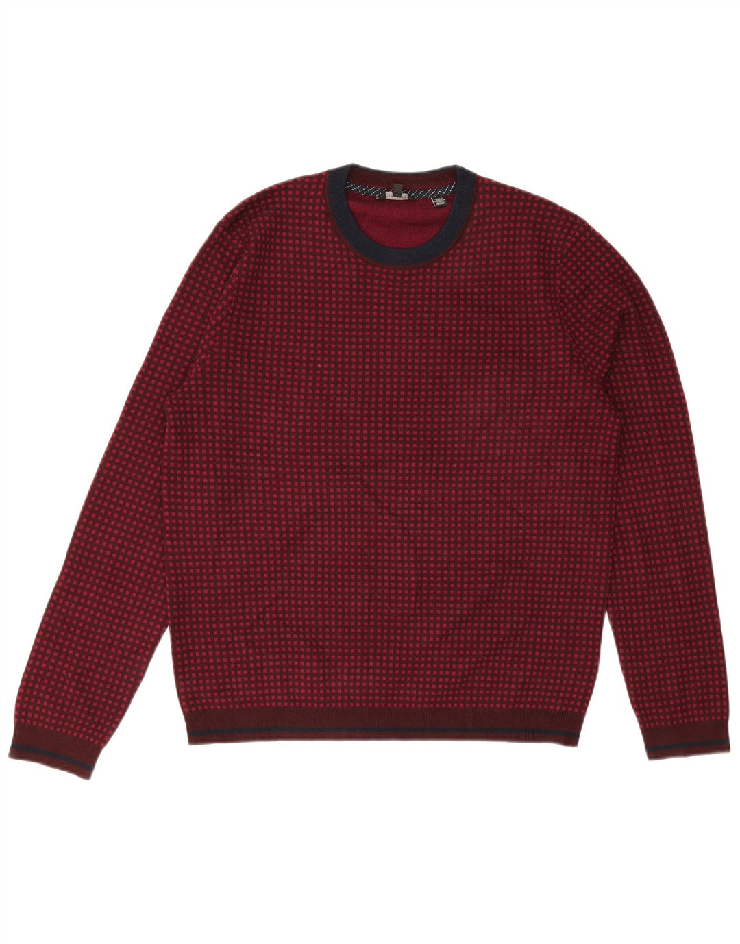 Ted Baker Herren-Pullover mit Rundhalsausschnitt, Größe 5 XL, bordeauxrot karierte Wolle