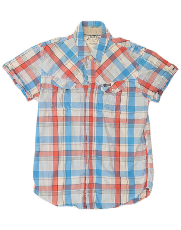 TOMMY HILFIGER Mens Short Sleeve Military Shirt Medium Blue Check Cotton