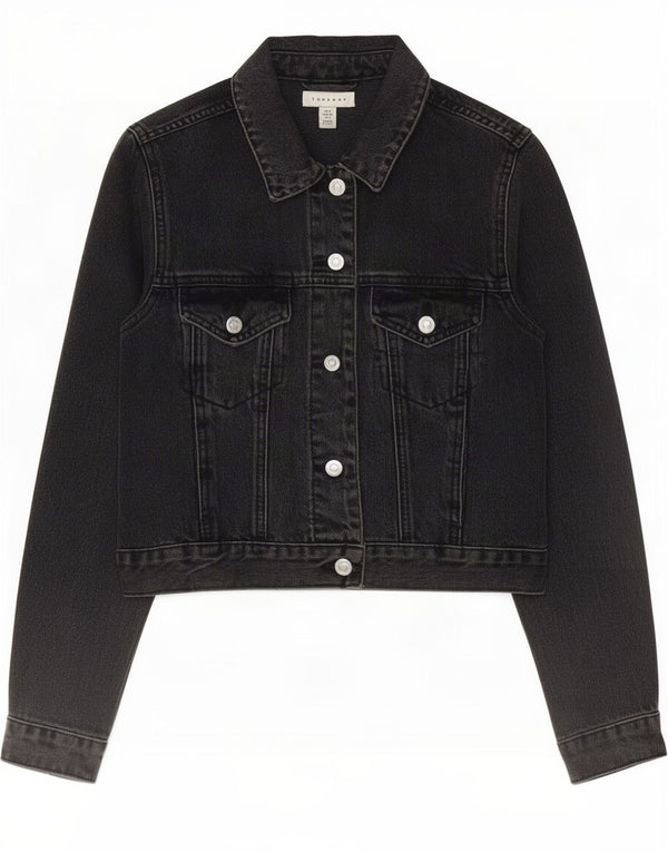 Topshop Damen Crop Denim Jacke UK 8 Small Schwarze Baumwolle